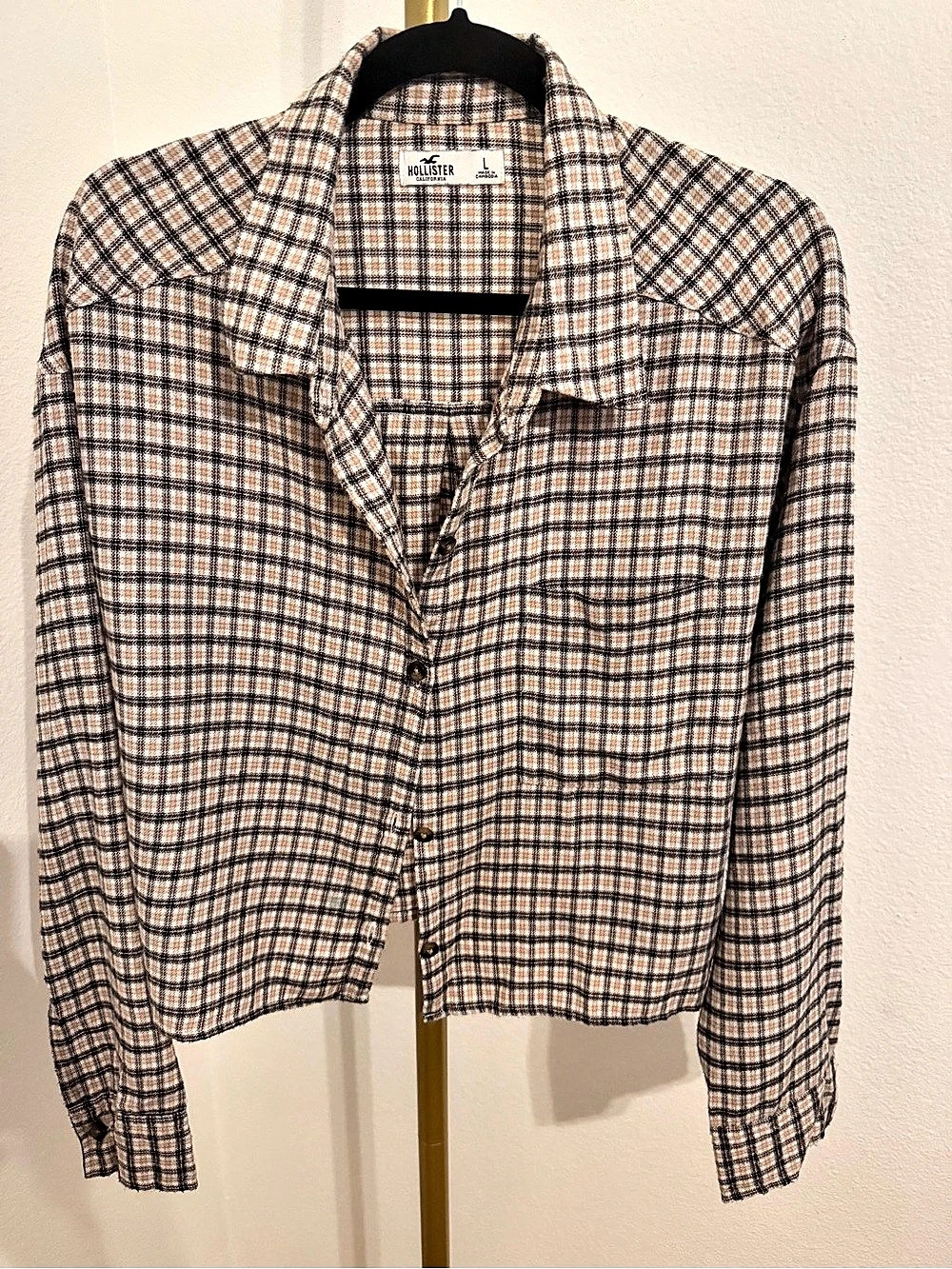 Hollister Plaid Button Front Shirt Pink & Black Size Large